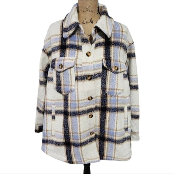 Avec Les Filles Oversized Plaid Shacket Jacket Coat Shirt Jacket Blue Cream 2X - Picture 3 of 8
